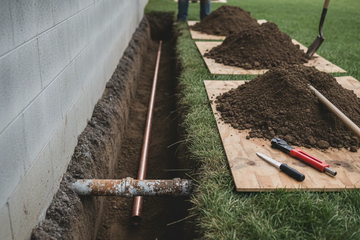 Excavated water line trench during Sewer Line Repair in Hometown